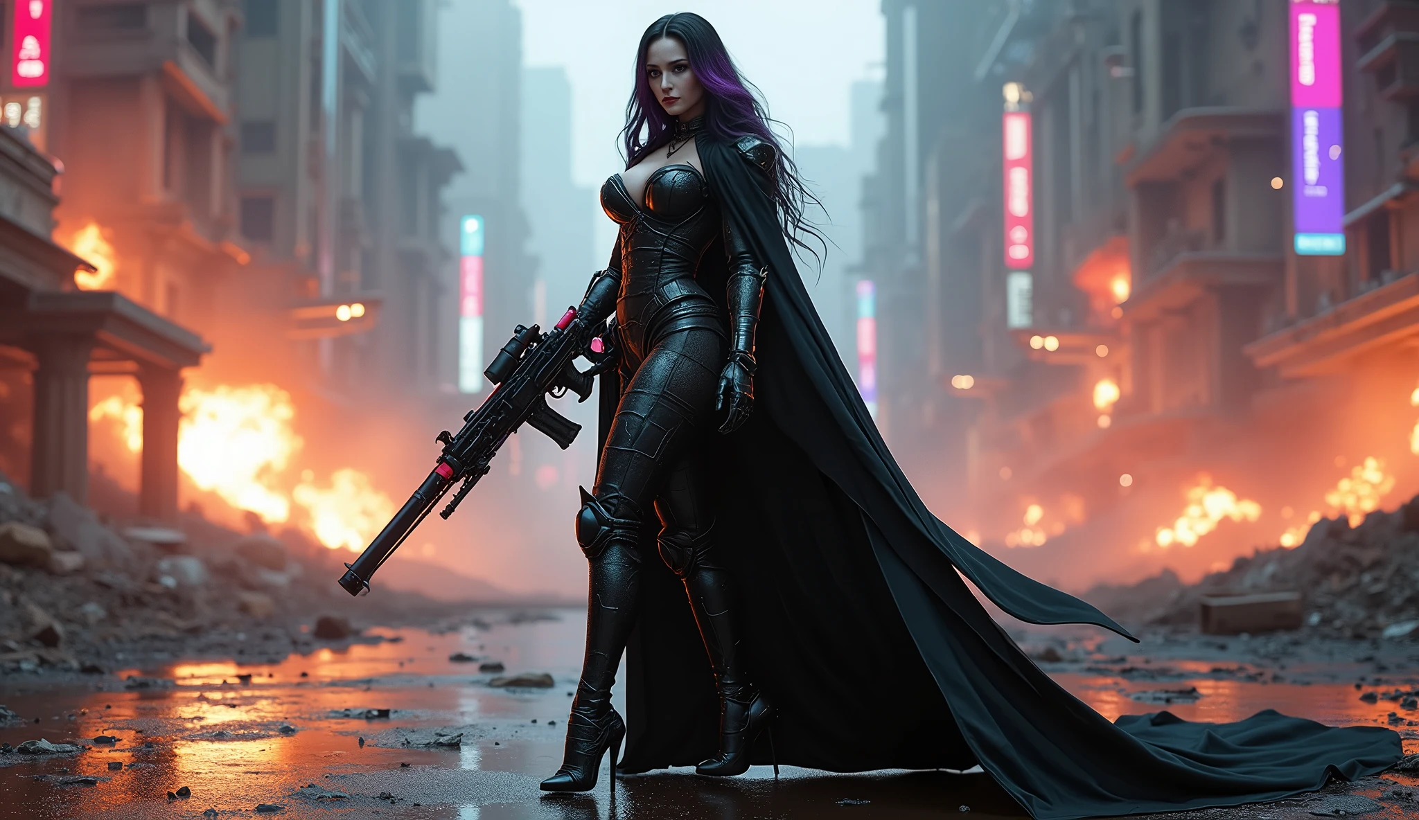 young Angelina Jolie, Full body pose wearing a mechanical suit, Large Breast, Mechanical wonder, Cyberpunk, Cybernetic Guardian, futuristic sexy black armor, full body, front pose, symmetry, intricate (steel metal [rust]), joints, warframe style, cyborg, fit muscular female body and armor, Beautiful body, Massive silicone breast, pale skin, seductive, temptation, eat your soul, clevage, long flowing black hair with purple highlights, heavy gothic makeup, at night, neon, holding a futuristic black and red laser rifle, sith queen, warrior queen, black latex cloak, stiletto heels, full body pose, wartorn ruins in the background, explosions and fire, night light, dark, hdr, detailed face, detailed skin, cinematic, dramatic, (cyberpunk megapolis:1.3), neon light, deep neckline,  high heels, 

