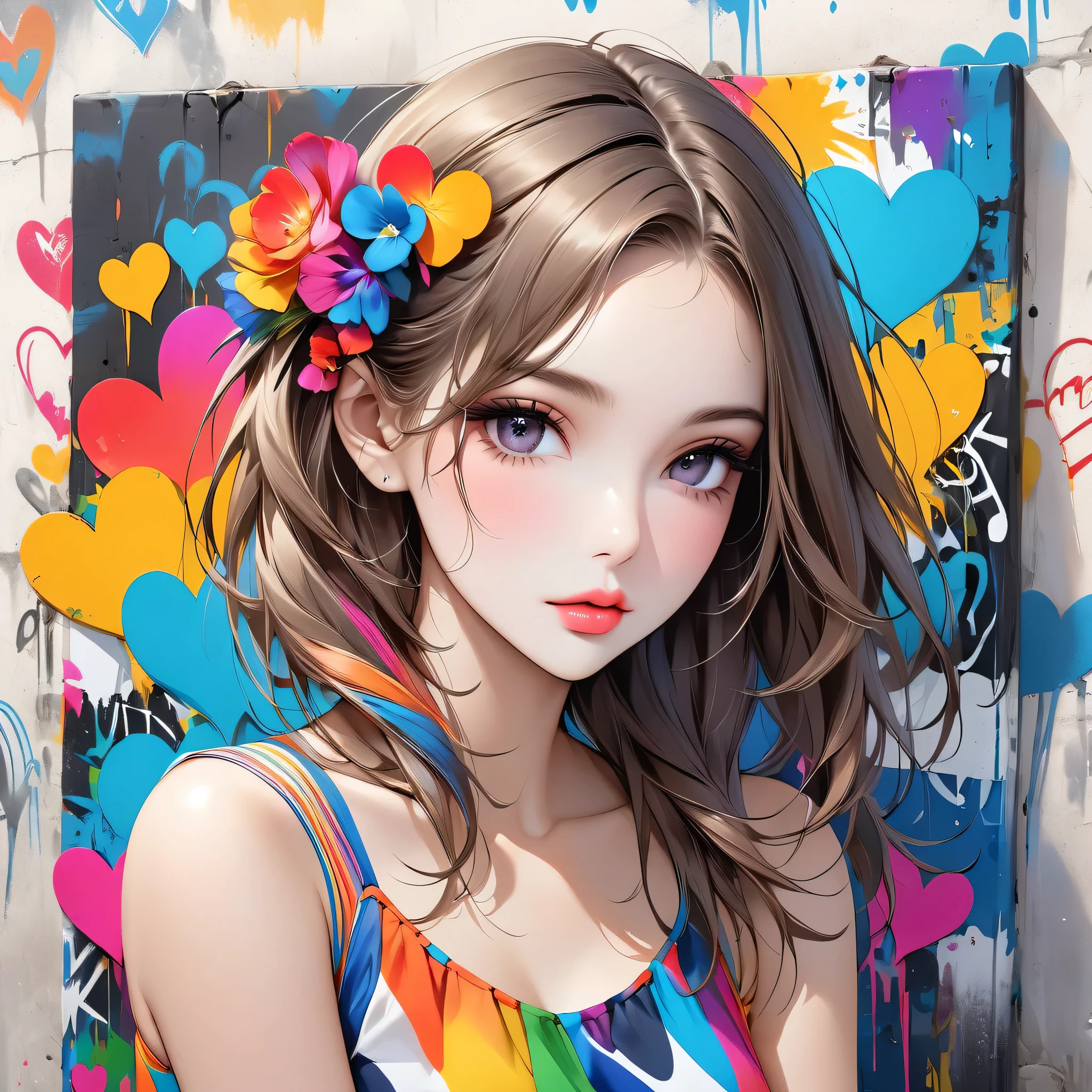 Ultra-realism Micho colorful style, Simple Line Initialism，Abstract art，(((The most beautiful girl of all time))), Sweet face. Lips in love, colorful hearts, stylish design, Summer beach fashion, Dark Eyes, Graffiti on the wall