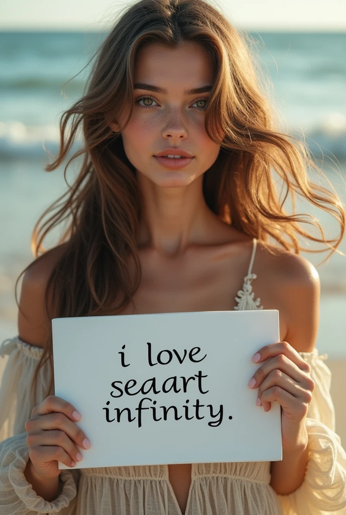 Beautiful girl with wavy long hair, bohemian dress, holding a white board with text "I Love Seaart Infinity" and showing it to the viewer