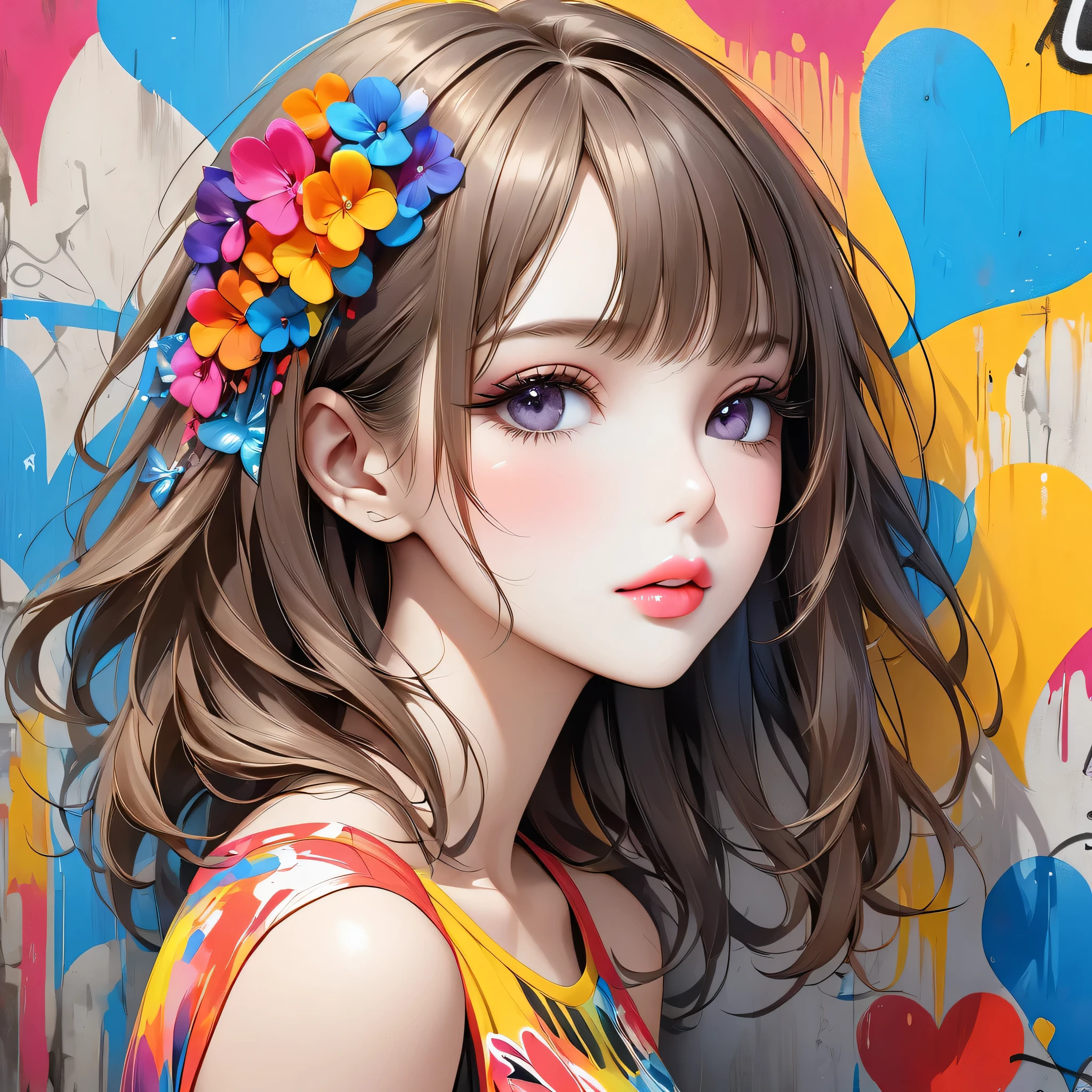 Ultra-realism Micho colorful style, Simple Line Initialism,Abstract art,(((The most beautiful girl of all time))), Sweet face. Lips in love, colorful hearts, stylish design, Summer beach fashion, Dark Eyes, Graffiti on the wall