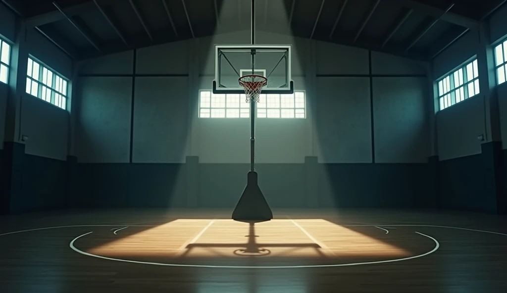 The school's large, dimly lit gymnasium with a basket。Camera is looking at a basketball goal。In the style of Makoto Shinkai。
