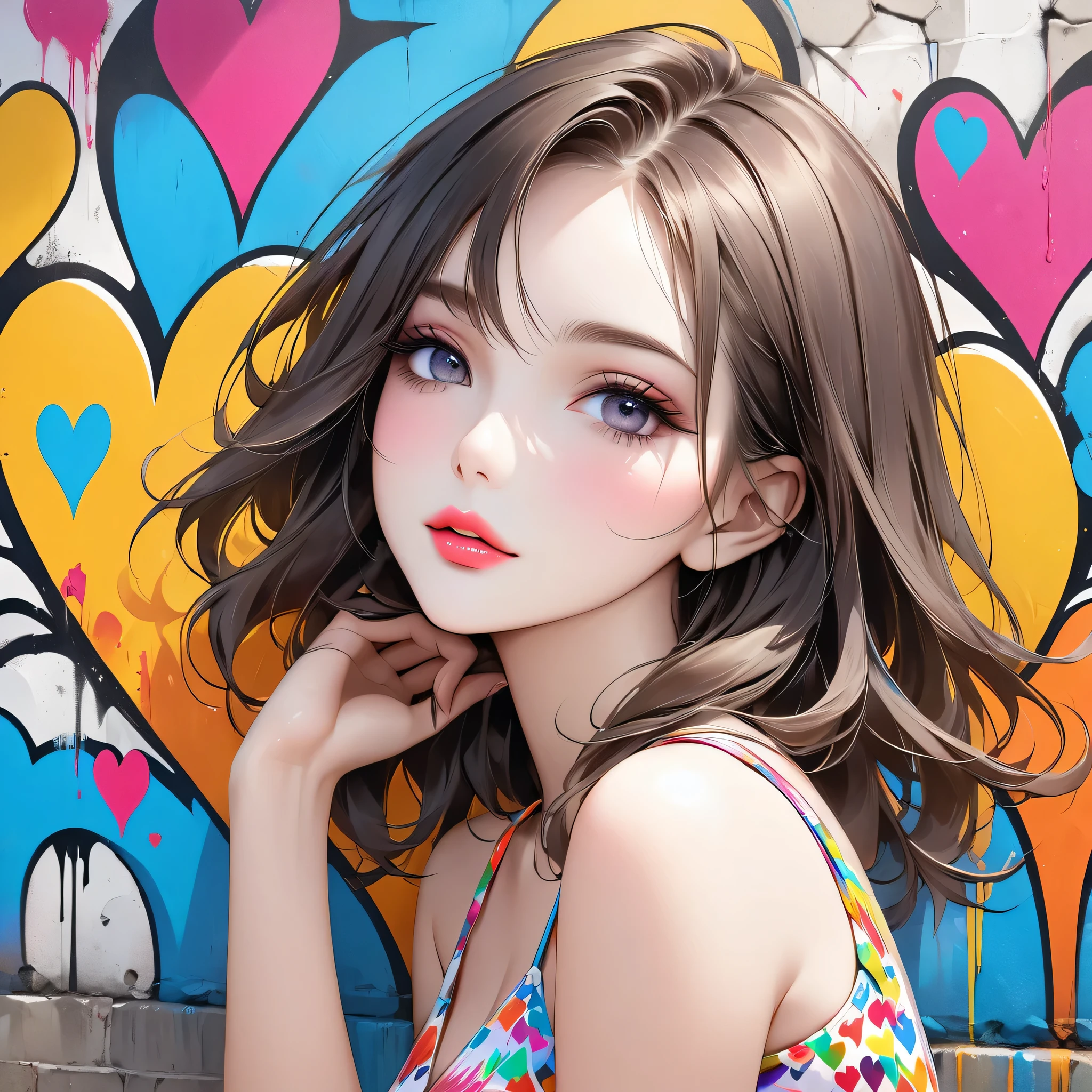 Ultra-realism Micho colorful style, Simple Line Initialism,Abstract art,(((The most beautiful girl of all time))), Sweet face. Lips in love, colorful hearts, stylish design, Summer beach fashion, Dark Eyes, Graffiti on the wall