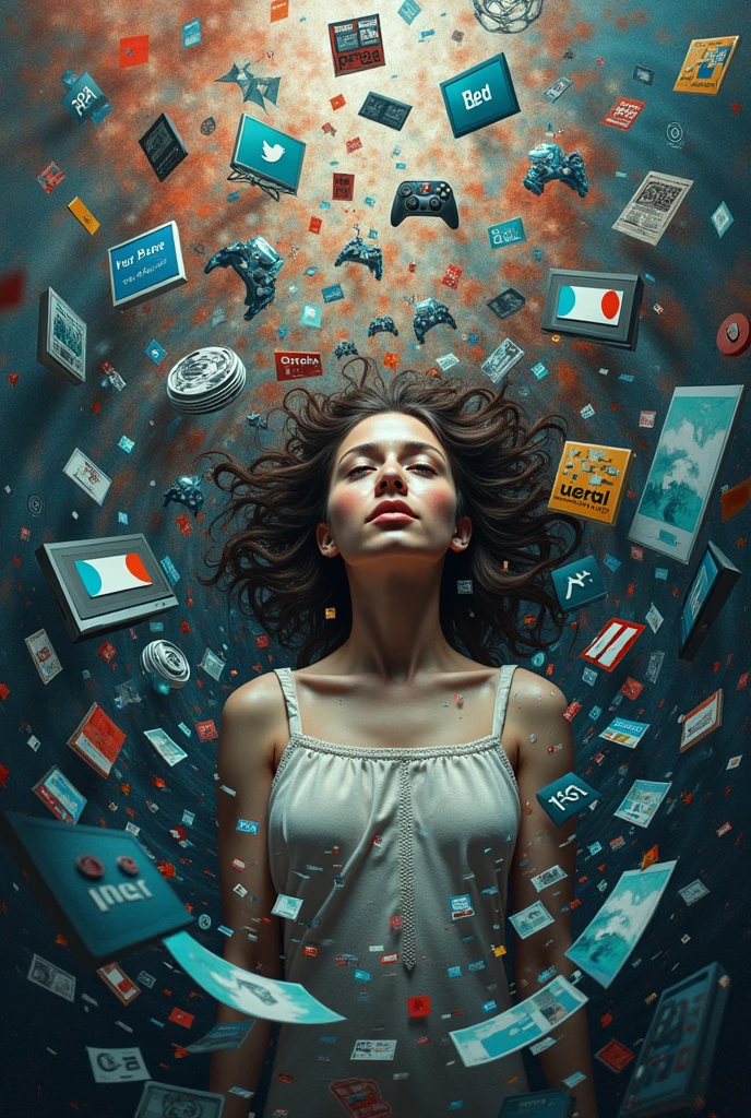 Imagine a person surrounded by a swirling vortex of various media symbols:
* Social media platforms: Tiny, colorful icons of Facebook, Instagram, Twitter, etc., representing constant updates, notifications, and connections.
* News outlets: Newspapers, television sets, and smartphones with breaking news headlines, symbolizing the influence of current events on daily thoughts and behaviors.
* Entertainment: Movie reels, video game controllers, and streaming services, representing the role of entertainment in relaxation, escapism, and shaping cultural trends.
* Advertising: Billboards, product placements, and targeted online ads, symbolizing the constant bombardment of messages influencing consumer choices.
The person might be:
* Overwhelmed: Struggling to keep up with the constant flow of information, feeling bombarded and stressed.
* Connected: Surrounded by a network of friends and family, feeling supported and informed.
* Isolated: Feeling disconnected from real-world interactions due to excessive screen time.
* Influenced: Shaped by the values, beliefs, and behaviors presented in the media.
This visual could represent the complex interplay of media in our lives, highlighting both the benefits and drawbacks.