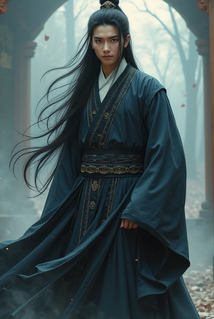 (Absurd, High quality, Ultra detailed, Careful with face) 1man with perfection dark eyes and long black-hair. Mid-twenties aged man is cultivator of chinese ancient cultivation, beautiful handsomely. A long robe and extremely long hair.