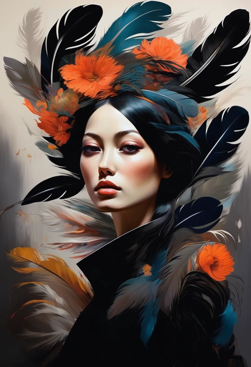 (Sensual illustration chiaroscuro), Illustration art, By Irina Kapi. Surrealism, Vintage Abstraction,  (黒い翼を持つ少女が空を飛んでいるPainting:1.2), Esbian all over body、Woman with black feathers, Big feather、Colorful flower garden background、Highest quality, masterpiece, Ultra high definition、Painting, Concept Art, Emotional, Atmospheric, Romantic aesthetics, Represents transformation and the ability to see beyond the surface、Ultra high definition、(deep, Delicate colors) paint (draw) 、最高masterpiece、Highest quality、