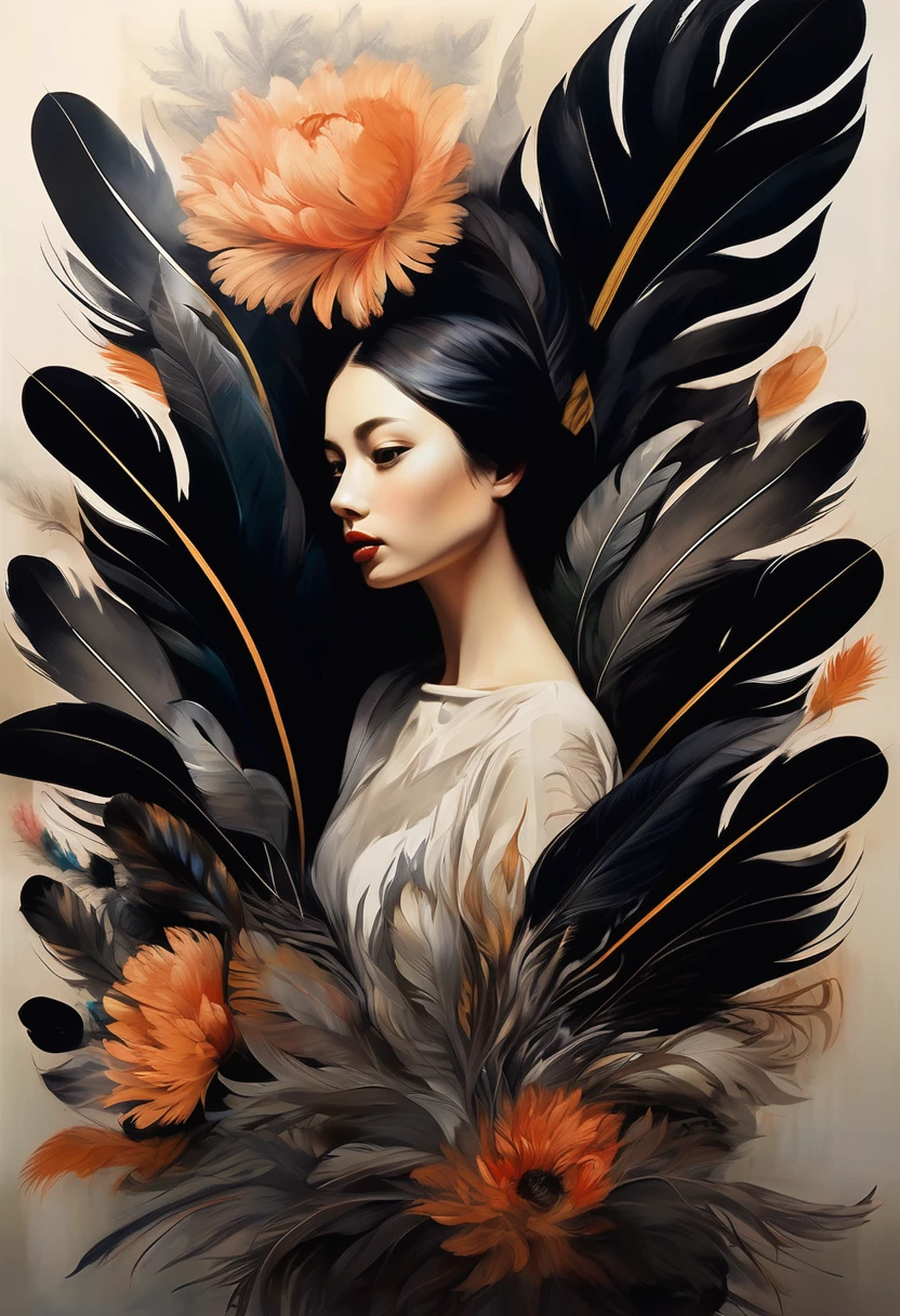 (Sensual illustration chiaroscuro), Illustration art, By Irina Kapi. Surrealism, Vintage Abstraction,  (黒い翼を持つ少女が空を飛んでいるPainting:1.2), Esbian all over body、Woman with black feathers, Big feather、Colorful flower garden background、Highest quality, masterpiece, Ultra high definition、Painting, Concept Art, Emotional, Atmospheric, Romantic aesthetics, Represents transformation and the ability to see beyond the surface、Ultra high definition、(deep, Delicate colors) paint (draw) 、最高masterpiece、Highest quality、