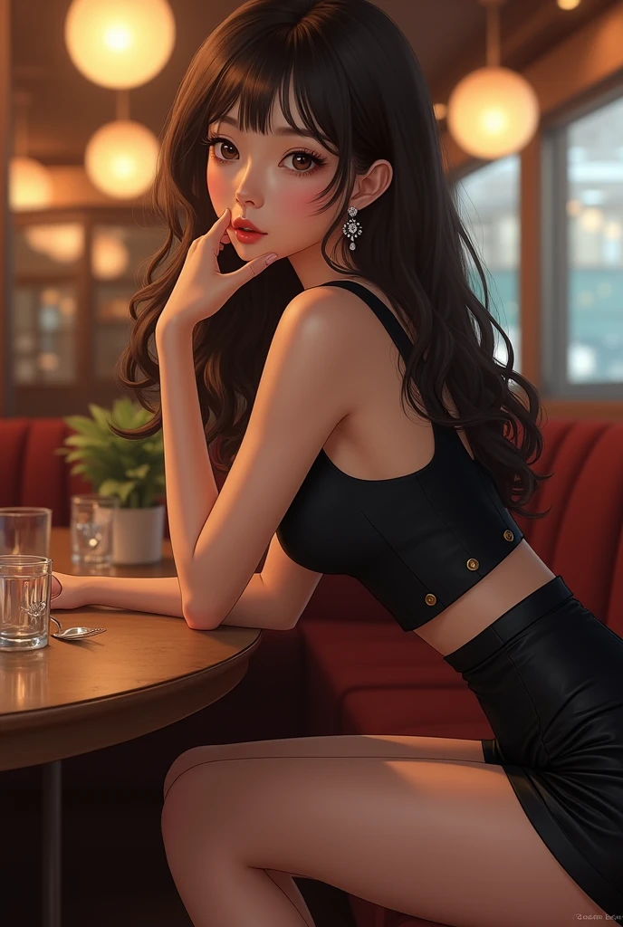 A girl in a top, bare shoulders, black silk big breasts, big waves of hair, real photo sitting in a restaurant, beautiful, detailed face, detailed, high resolution, realistic, realistic, full body, head to toe, legs, matte skin, pores, wrinkles, --auto --s2