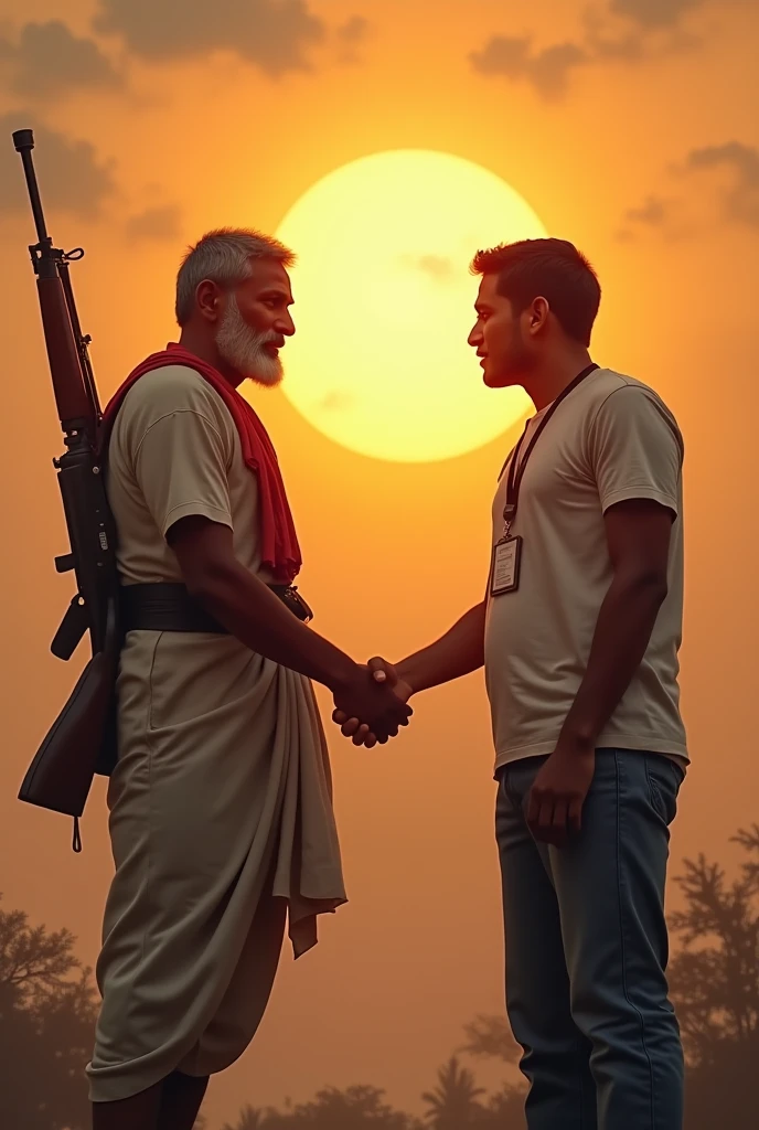 A bangali freedom fighter wearing a lungi and a white tshirt with a rifle on his back shaking hand with a student of same height with a id card on his neck and a full sun is raising behind them and the sun is covering both of them