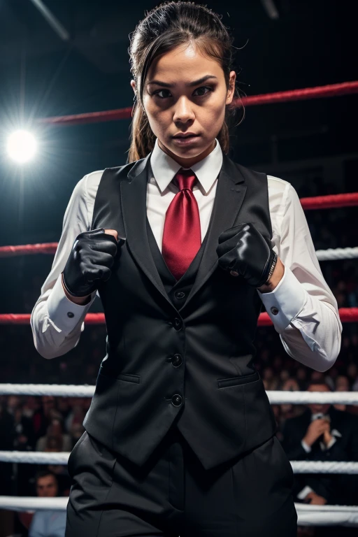 Female wearing suit and tie intense fighting in boxing ring, black suit, (three-piece suit), skirt suit, necktie, bodycon miniskirt, pantyhose, waistcoat, dynamic lighting, in the dark, deep shadow, low key, cowboy shot full-lenght body,fight stance, taunting, winning pose, preppy style, powerfull fight stance, focus, she win the fight pose, professional fighter fight stance, domination fight, avoiding punch from enemy while taunting, preppy fight style, laughing to the enemy, pointing to the camera, hands up professional fighter, hand touching her necktie to tease opponent, looking at viewer from below