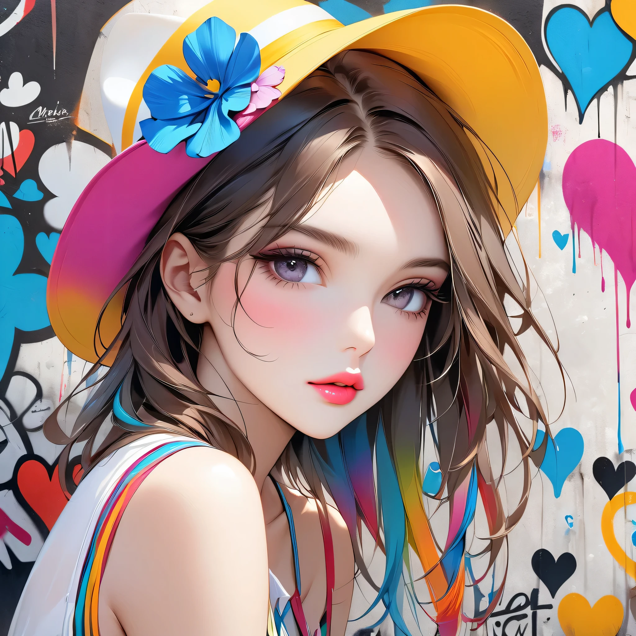 Ultra-realism Micho colorful style, Simple Line Initialism，Abstract art，(((The most beautiful girl of all time))), Sweet face. Lips in love, colorful hearts, stylish design, Summer beach fashion, Dark Eyes, Graffiti on the wall