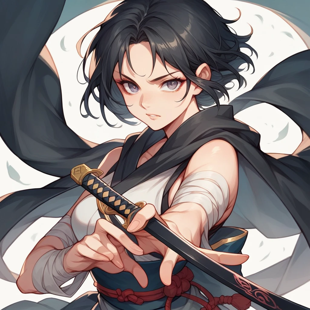 Female samurai with open shoulders and a cloak,beautiful,The old days,Woman 1,holding a katana sword,best pictures,black hair,gray eyes,sexly,Action