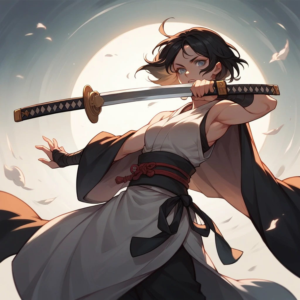 Female samurai with open shoulders and a cloak,beautiful,The old days,Woman 1,holding a katana sword,best pictures,black hair,gray eyes,sexly,Action
