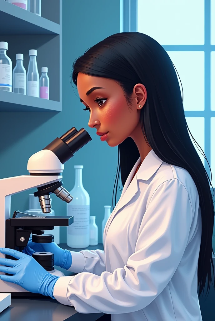 Create a realistic style illustration, in vertical format of a woman in an analysis laboratory. dark-skinned, Black hair, Long and straight. profiled nose. Big and tender brown eyes. with blushing cheeks. And a microscope near it. With nitrile gloves on his hands.