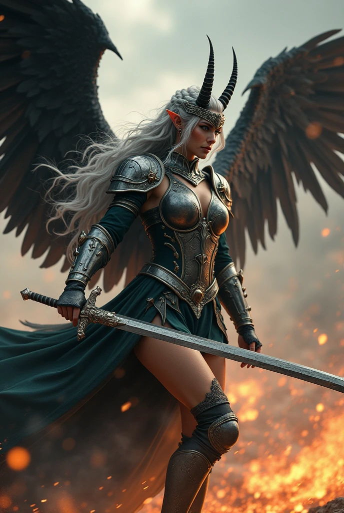 image of a {1elven stunning pose, WARRIOR, iconic attacking stance, swinging sword, photo_model pose, holding sword, bright shining SHIELD, royal regalia robe, perfect proportional anatomy, girl with high heels, silver long hair, multi braid hair, bright shining armor, rain of arrows, battlefight, UHD, intricate detailed, 8k, best quality ever, masterpiece, super detailed, unleashed creativity, beyond imagination, dramatic light, gradient motion color background}, rough, massive bright shining light all over the background, arrows rain, weathered and textured, slow shutter speed motion photography, shot on Fuji Film XT4 camera f/1.2. ISO 200, horned girl, devil horns, elf ears, cleavage, thigh, short skirt, sexy, wide black wings