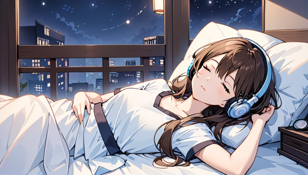 Girl wearing headphones,Relaxing and sleeping in bed,Brown Hair,One girl,Eyes closed,The background is night