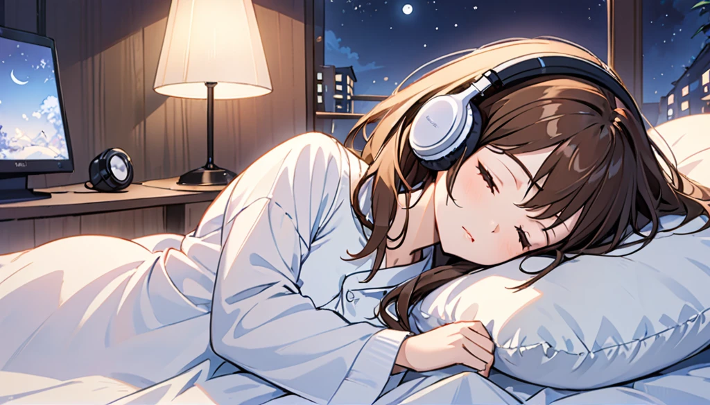 Girl wearing headphones,Relaxing and sleeping in bed,Brown Hair,One girl,Eyes closed,The background is night