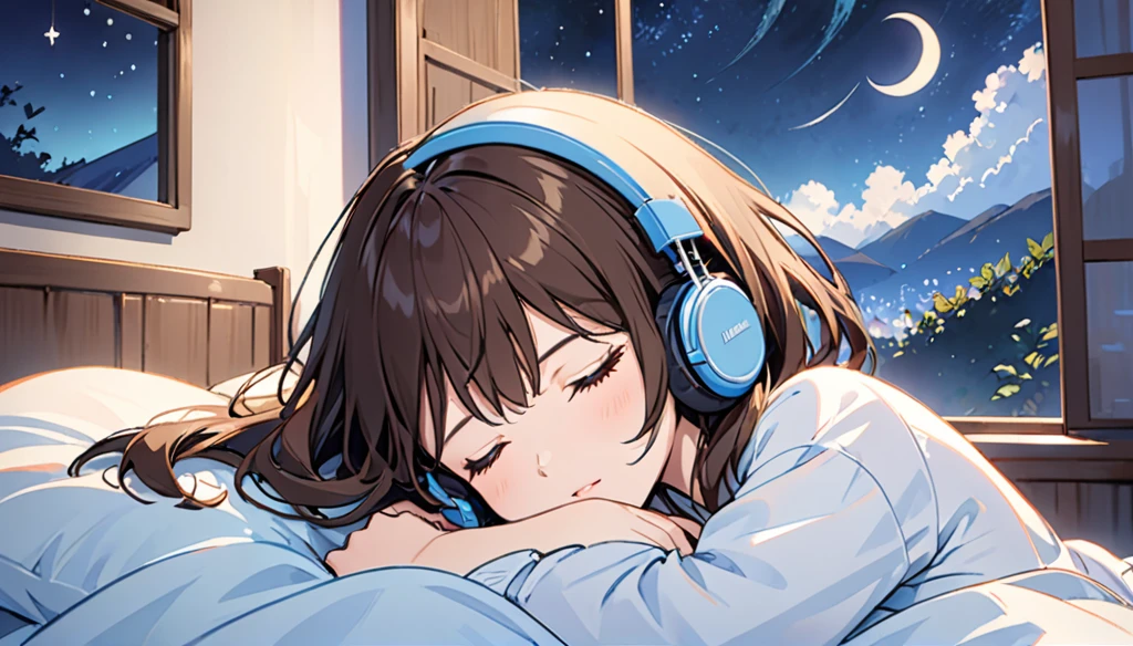 Girl wearing headphones,Relaxing and sleeping in bed,Brown Hair,One girl,Eyes closed,The background is night