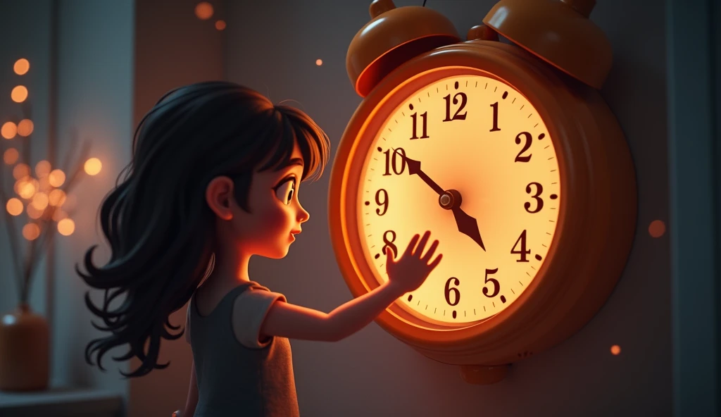 Generate a high quality, realistic seen in cinematic 3d
cartoon style * As Neha touches the clock, its hands start spinning rapidly. The glowing intensifies, and the clock makes a strange ticking sound. The air around the clock starts to shimmer.