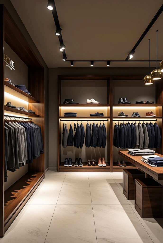 A 15feet *15feet mens garments shop named arryans fashion with interior and place to display product to the customer with false sealing 