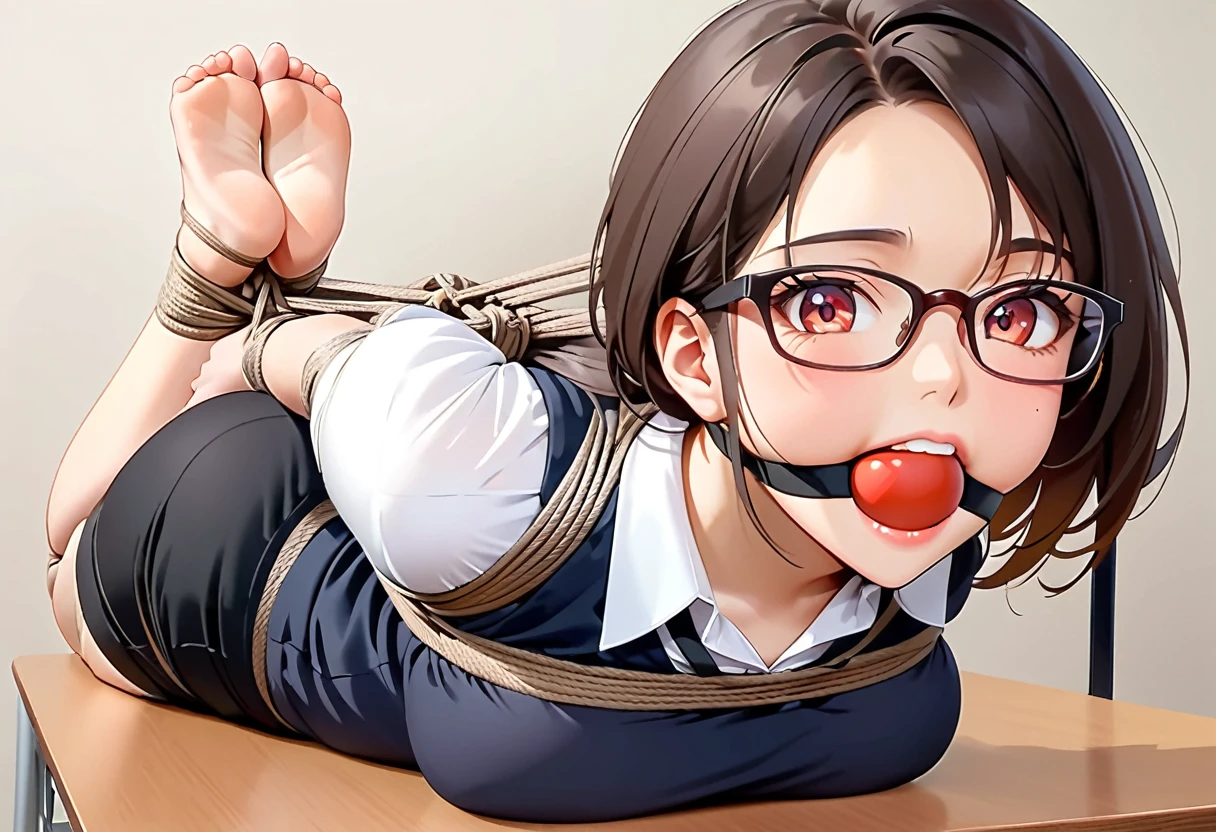 Close-up shot of a sexy woman, Gorgeous with captivating eyes and perfect makeup, radiant childhood friend, emphasized by the shirt,pencil skirt, Show off your sexy figure with big thighs and wide hips, provocative. tie (Shibari, tay bị tie sau lưng: 1,5), (Shibari: 1,21), Bị tie, chân bị tie, gag with drool ball,wearing red ballgag glasses ,in class