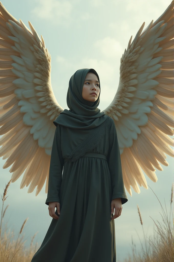 Girl in Hijab Turned Backwards with Big Wings