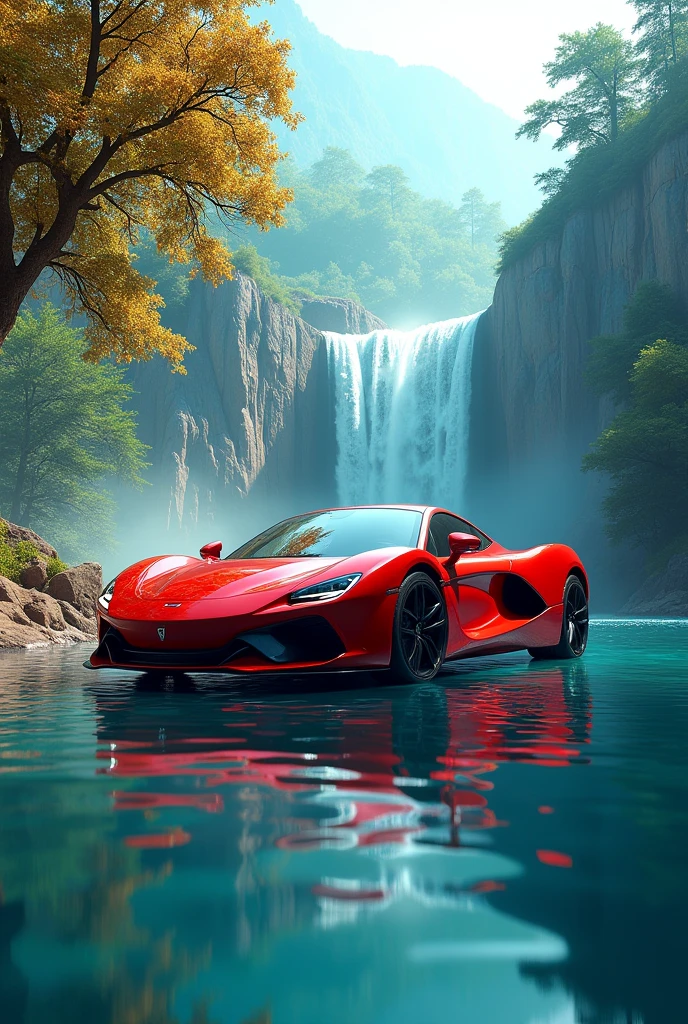 A car in red color with blue trees and water fall
