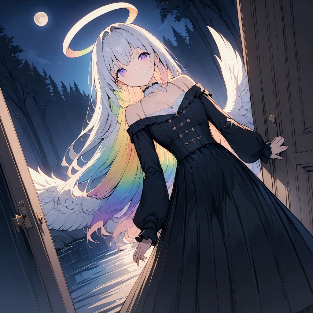 (((anime))) One Woman,Behind the door,Door on the lake,Heaven is at the door,Angel turning his back,Large iridescent feathers,Long Hair,(Rainbow Hair),Angel halo white camisole,Volume sleeve,Long skirt,Black boots,Night Forest,full moon,star,Backlight,masterpiece,Highest quality,Exquisite,8k,Absurd,Ultra-fine illustrations,