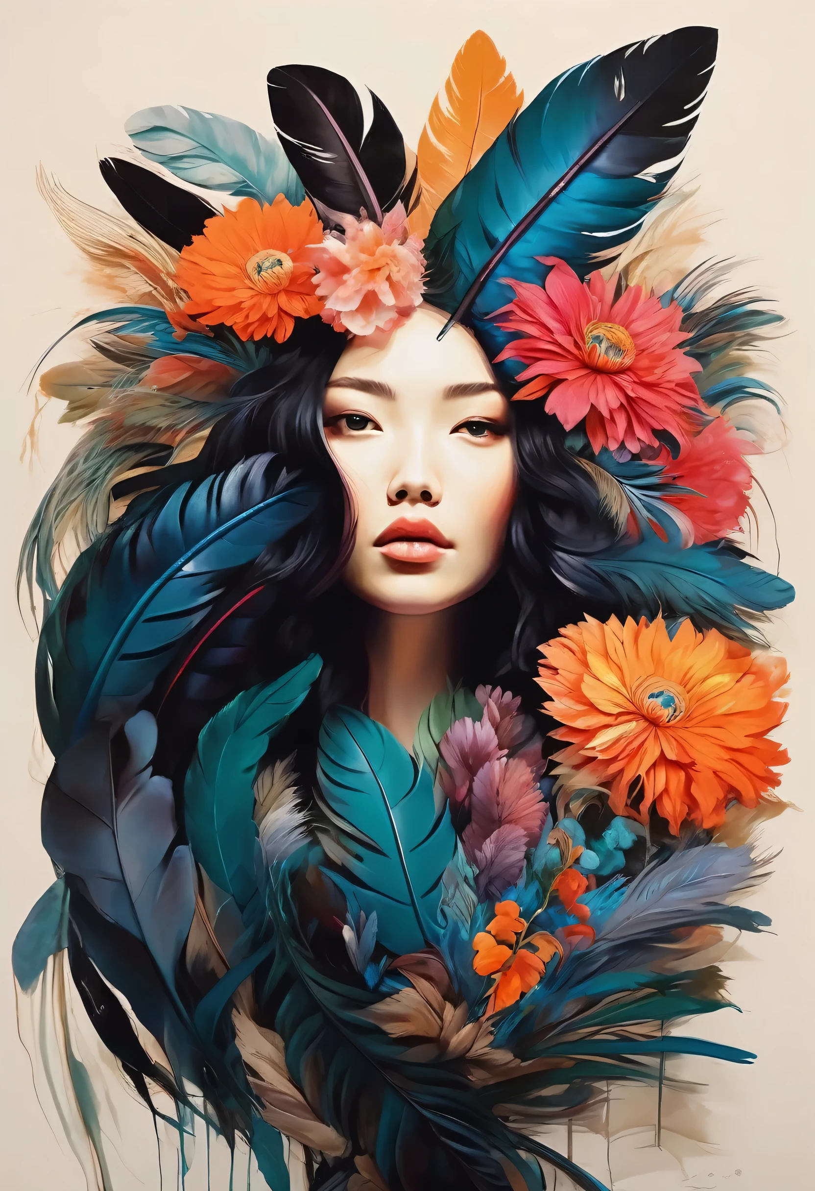 (Sensual illustration chiaroscuro), Illustration art, By Irina Kapi. Surrealism, Vintage Abstraction,  (Painting of a girl with black wings flying in the sky:1.2), Woman with black feathers, Big feather、Colorful flower garden background、Highest quality, masterpiece, Ultra high definition、Painting, Concept Art, Emotional, Atmospheric, Romantic aesthetics, Represents transformation and the ability to see beyond the surface、Ultra high definition、(deep, Delicate colors) paint (draw) 、The highest masterpiece、Highest quality、