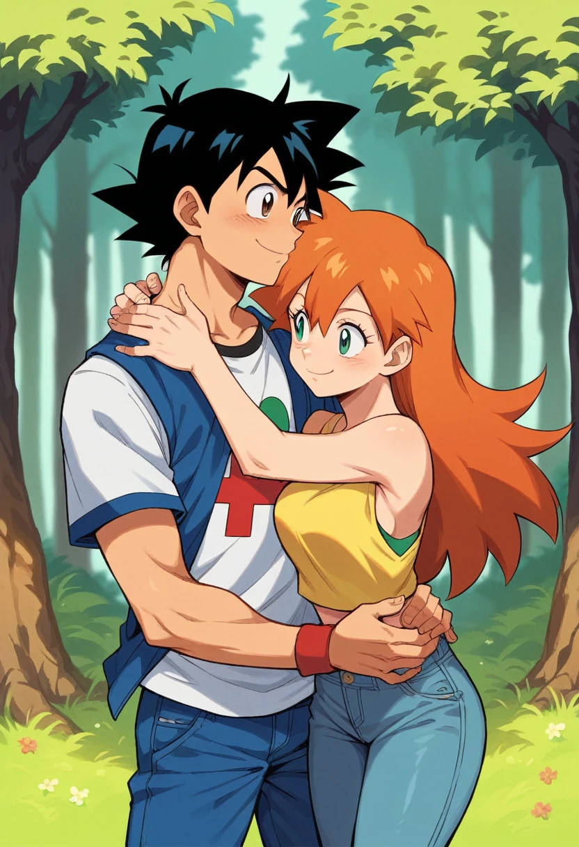 1boy, ash ketchum, black hair, brown eyes, hair between eyes, ash ketchum, black t-shirt, jeans, handsome boy, macho, good looking boy 1girl, misty pokemon, green eyes, orange hair, long hair, hair down, yellow crop top, jeans, pretty, beautiful girl photograph of a 1 couple, on a forest, they're showing off their love and affection for each other, they're caressing, hugging, looking at each other
