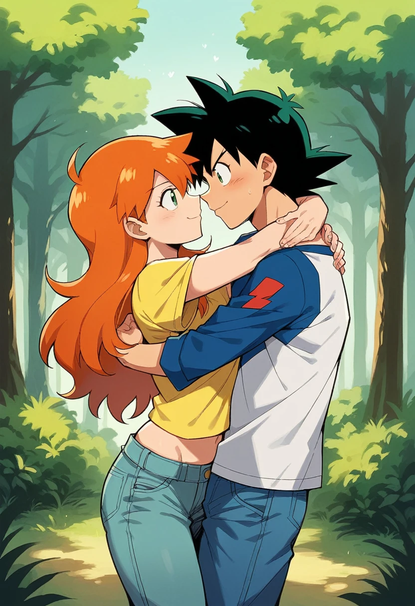 1boy, ash ketchum, black hair, brown eyes, hair between eyes, ash ketchum, black t-shirt, jeans, handsome boy, macho, good looking boy 1girl, misty pokemon, green eyes, orange hair, long hair, hair down, yellow crop top, jeans, pretty, beautiful girl photograph of a 1 couple, on a forest, they're showing off their love and affection for each other, they're caressing, hugging, looking at each other