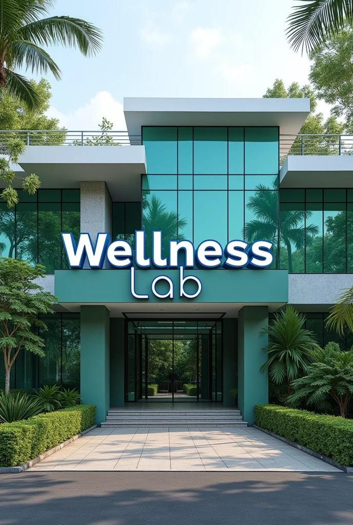Laboratory front side in kerala, front side name board "WELLNESS (blue colour font for wellness ) LAB (light green color font for lab ) headline", "thamarakulam, pavumba, sooranad "