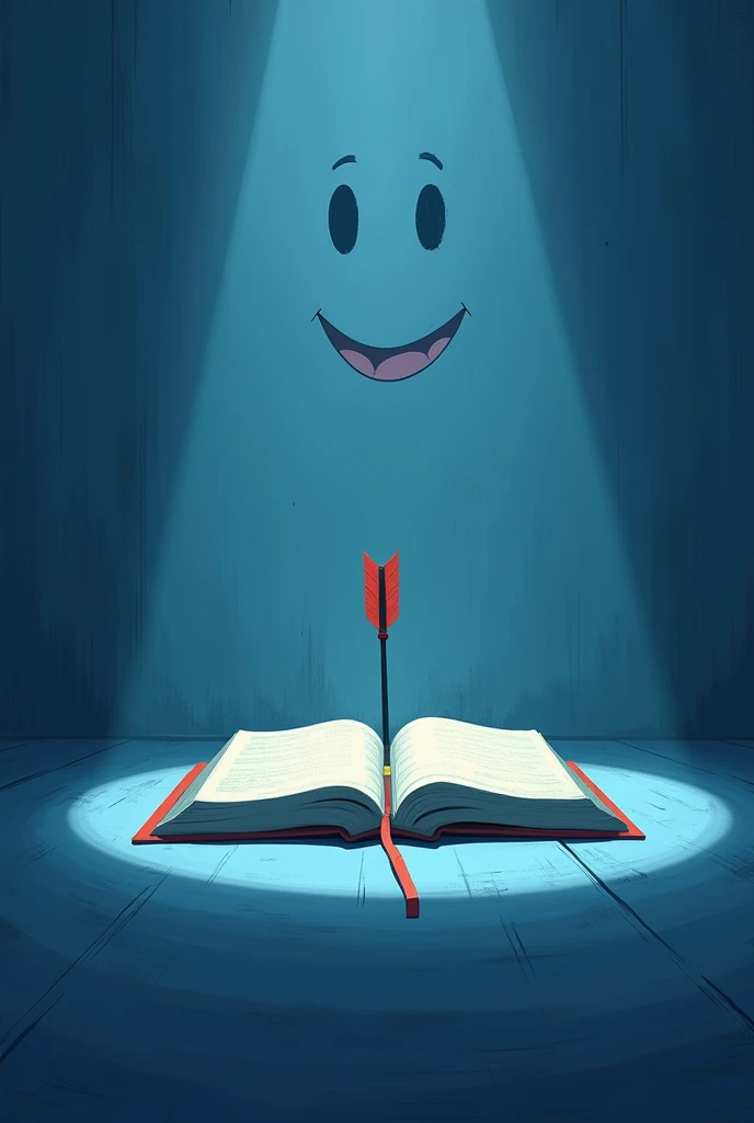 In a quiet room, a book takes center stage. An arrow that penetrates a target on a book page symbolizes the achievement of a meaningful goal. The sweet smile on the wall seems to give its own blessing for this achievement, creating an atmosphere of calm and passion. the dominant color should be blue
