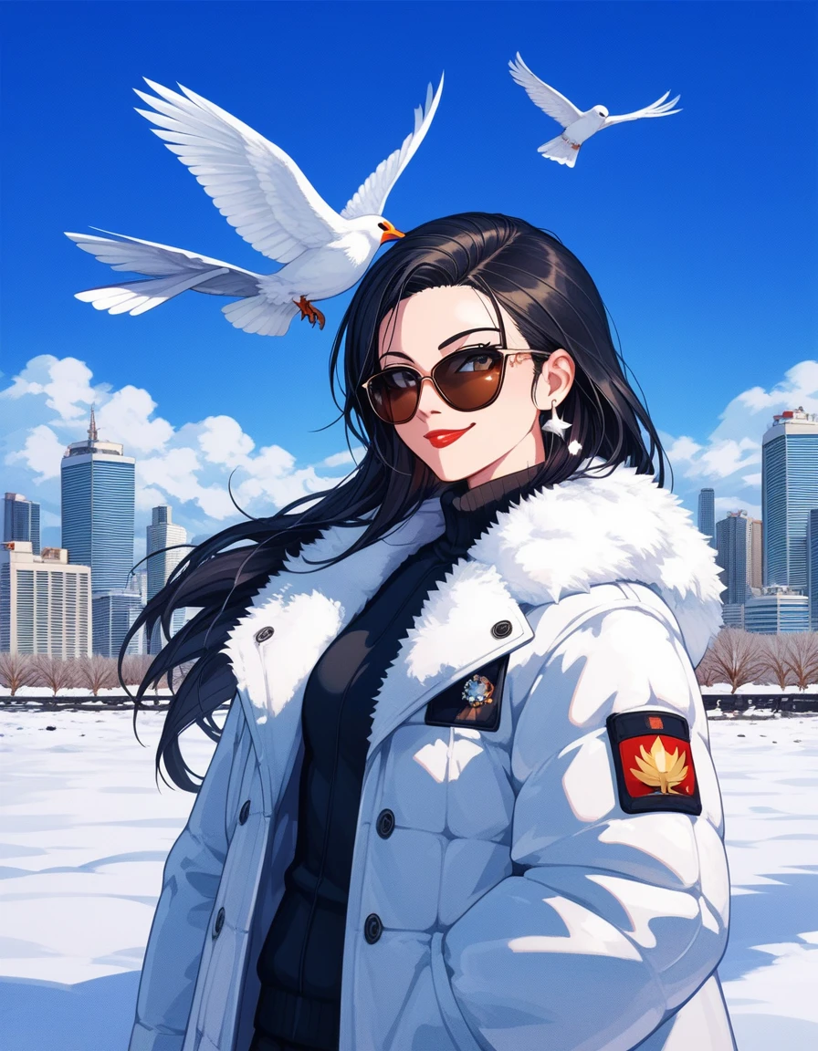 Sam Young,, One person, animal, animal on shoulder, bird, Black-rimmed glasses, Iris, Black Hair, blue null, Cityscape, clear null, coat, Day, Earrings, Wear glasses, Glasses removed, fur coat, Jacket, jewelry, Long Hair, Look to the side, Outdoor, Power lines, Red lips, null, smile, snow, alone, sunglasses, white bird, white coat, winter, winter clothes, , ((masterpiece))