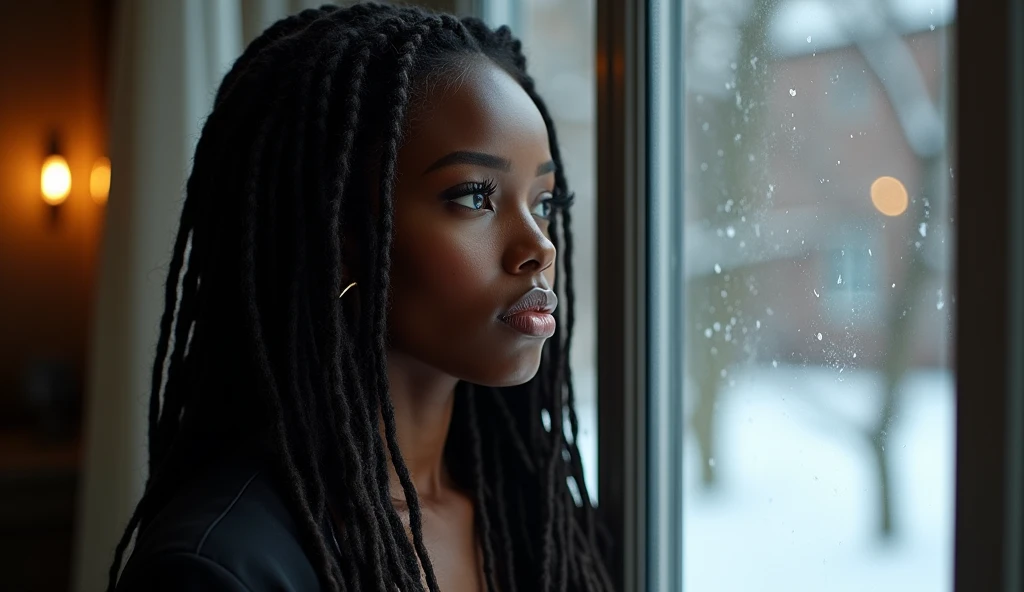 A stunningly beautiful dark skinned African American woman with long brown dreadlocks with highlights on the ends looking out of the window on a winter day, snow on the ground, viewed from the outside looking in, looking sexy & sensual, realistic, photorealistic