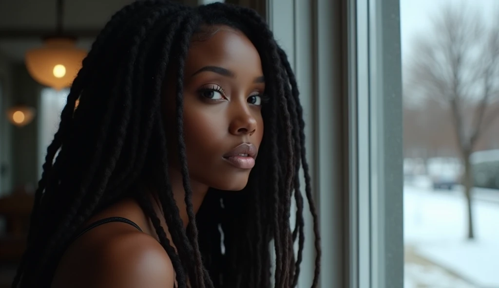 A stunningly beautiful dark skinned African American woman with long brown dreadlocks with highlights on the ends looking out of the window on a winter day, snow on the ground, viewed from the outside looking in, looking sexy & sensual, realistic, photorealistic