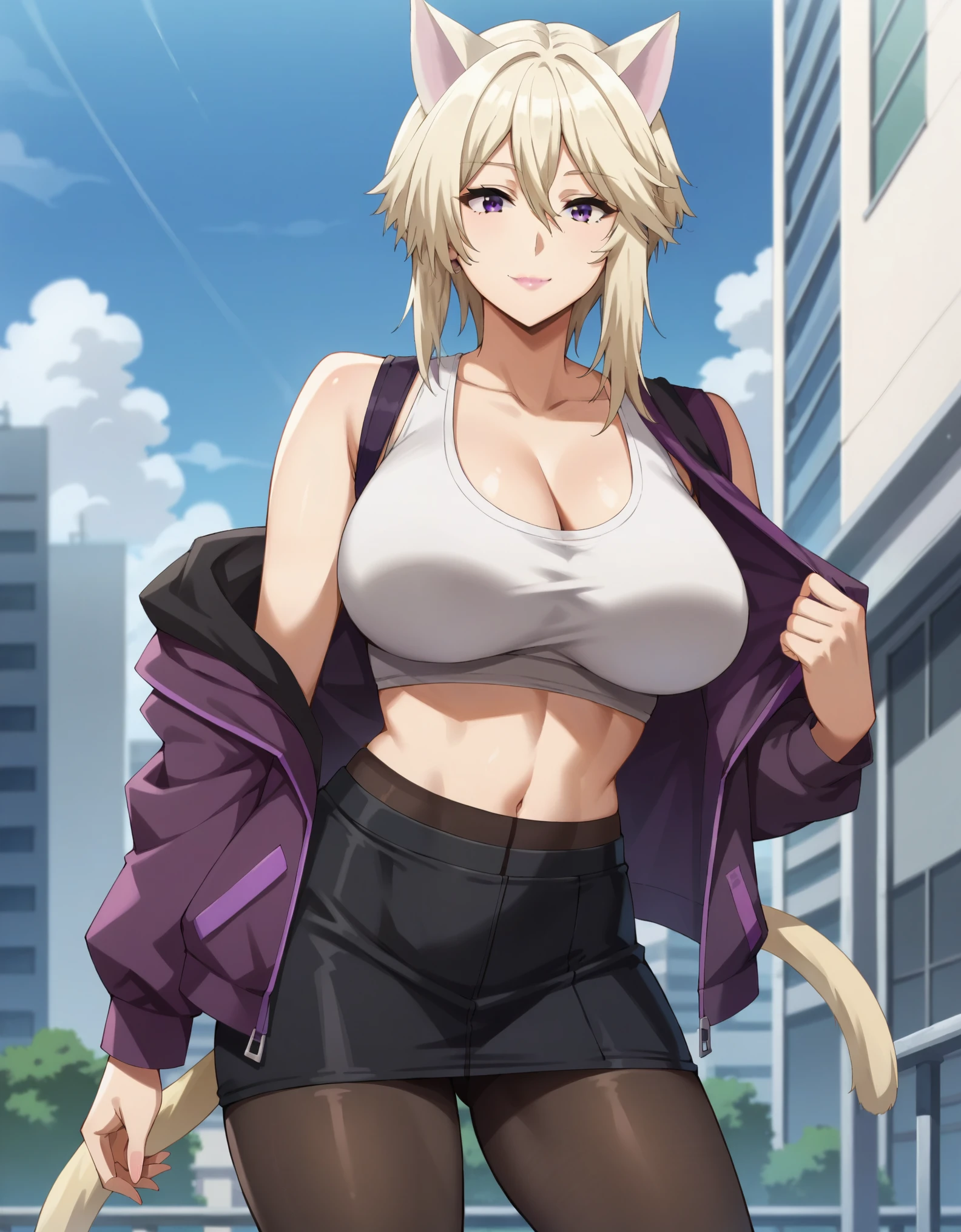 masterpiece, score_9, score_8_up, score_7_up, source_anime, best quality, extremely detailed, 1girl, milf, solo, zeta, (large breasts:1.8), ((((blonde hair), medium hair, purple eyes, cat ears, blonde cat tails))), purple lips, (((open hoodie, tanktop, crop top, navel, medium skirt, pantyhose))), ((light smile), closed mouth), ((outdoor, ruined city))