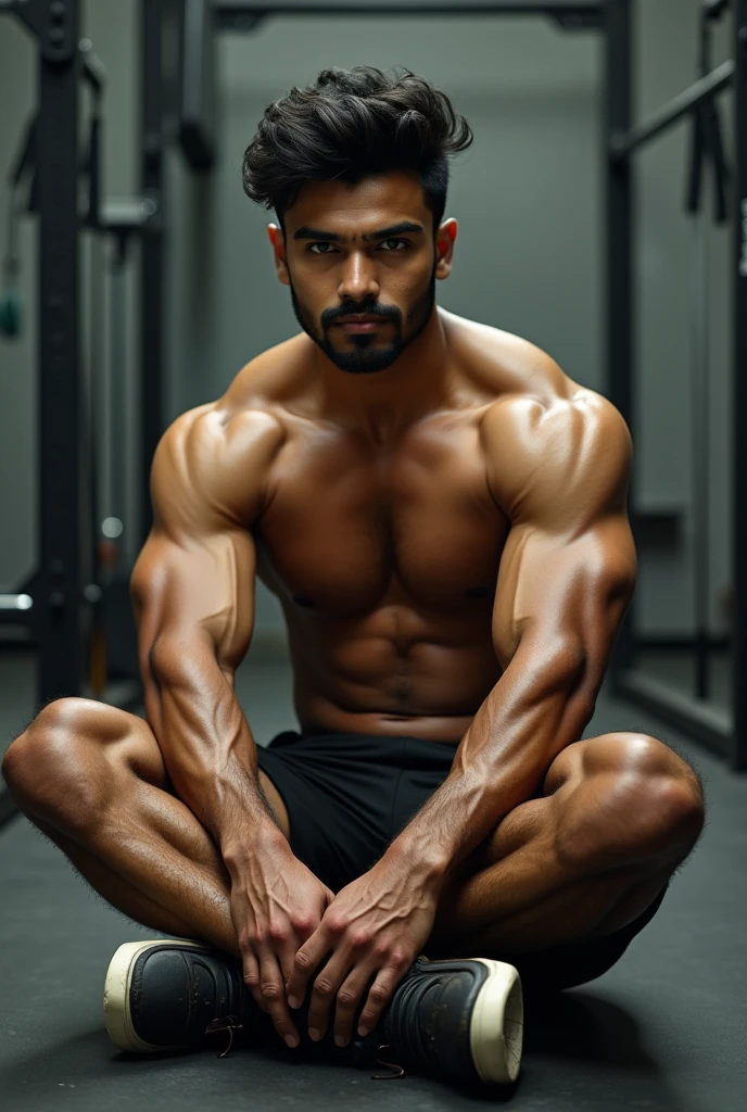 Handsome tamil young hunk, sitting in gym floor wearing, shorts formal shoes, sweating, shirtless
