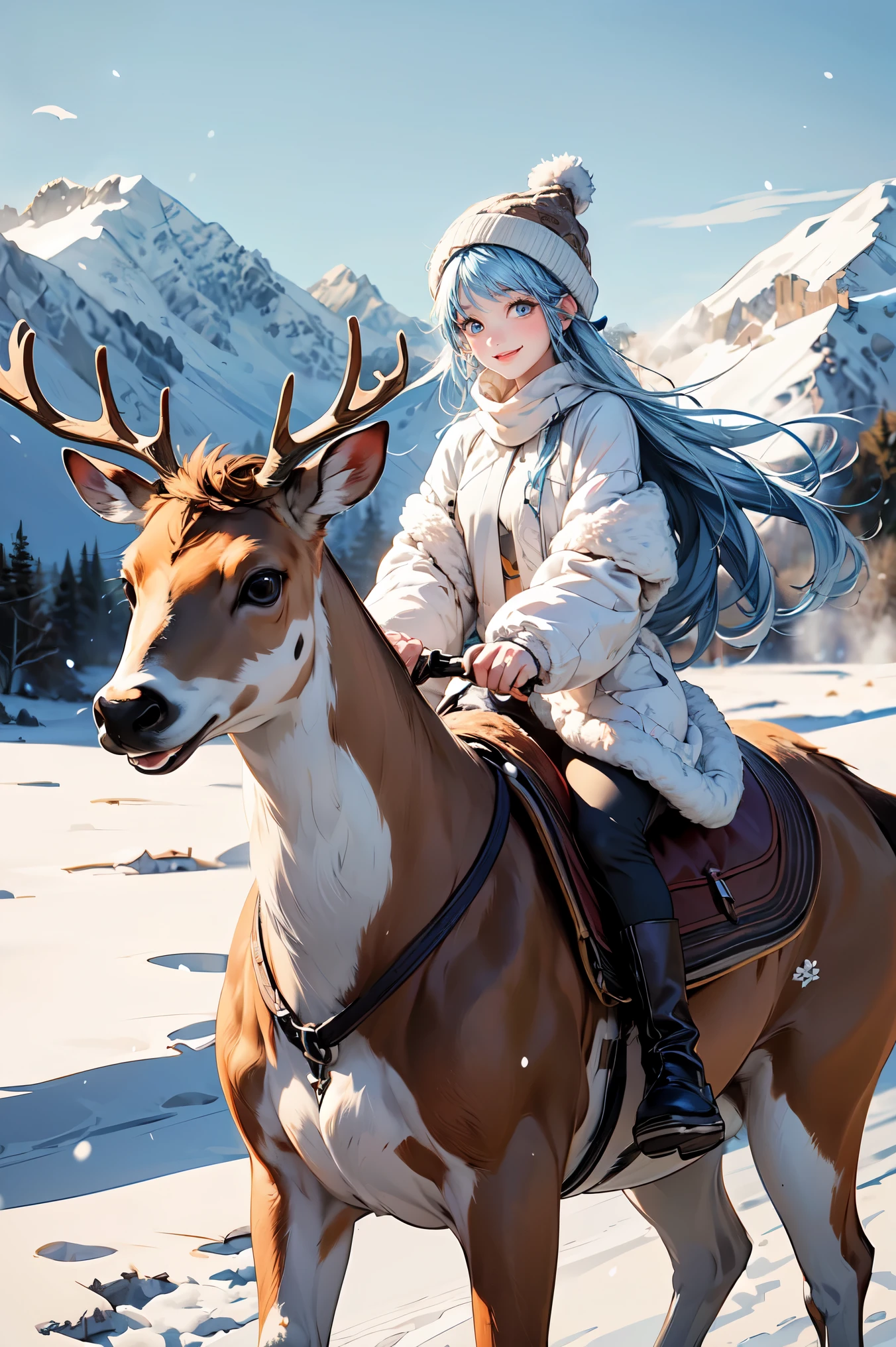 (masterpiece, best quality:1.3), 8K, illustration, super detailed, highly detailed, (1girl, solo), light blue hair, long hair, winter hat, (riding animal, deer, brown deer), ((snow fall)), winter season, scenery snow mountain background, vivid color, soft shadow, absurdres