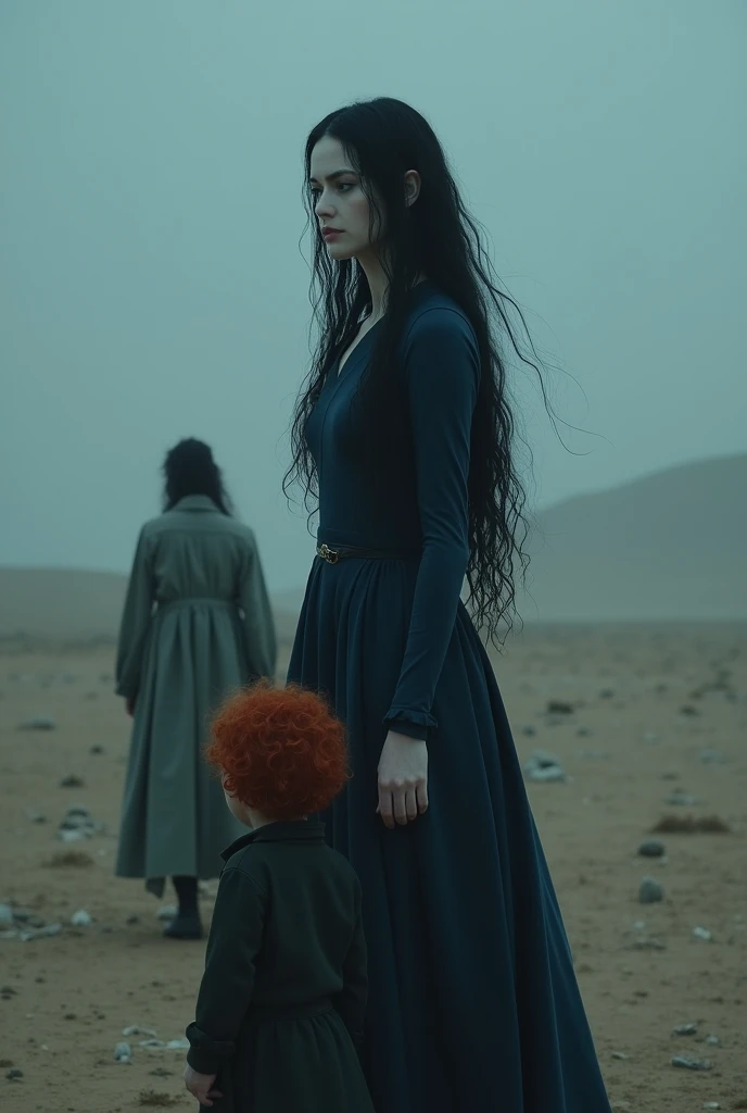 In a dark dessert, in rainy weather, a woman with very long black hair and white skin, dressed in dark blue and behind her stands a  with curly red hair who is seen from behind