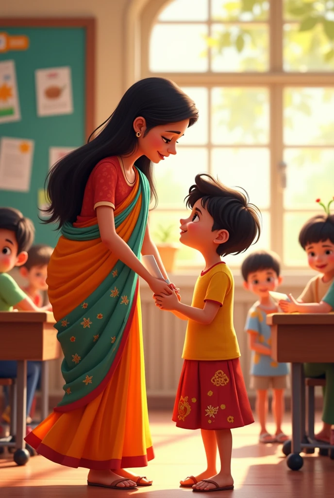A mother dressed in a sari looks at her child happily from inside the school classroom looking at the progress report.Disney cartoon type