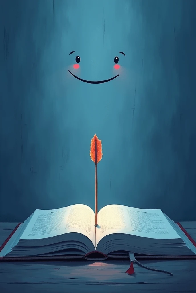 In a quiet room, a book takes center stage. An arrow that penetrates a target on a book page symbolizes the achievement of a meaningful goal. The sweet smile on the wall seems to give its own blessing for this achievement, creating an atmosphere of calm and passion. the dominant color should be blue