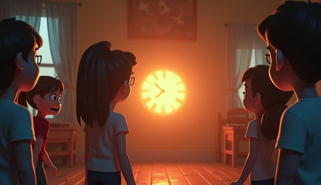 Generate a high quality, realistic seen in cinematic 3d
cartoon style * The kids back away, their faces showing surprise and fear. Suddenly, a burst of light comes from the clock, and the whole room is filled with a blinding glow.