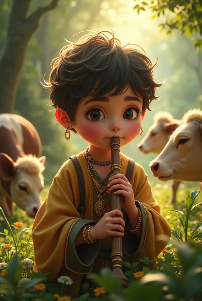 a young boy playing a wooden flute in a lush green forest, surrounded by cows peacefully grazing, beautiful detailed eyes, beautiful detailed lips, extremely detailed eyes and face, long eyelashes, intricate ornate jewelry, ornate clothing, golden skin, radiant lighting, warm color palette, chiaroscuro lighting, dramatic shadows, detailed foliage, photorealistic, 8k, masterpiece, digital art, hyperrealistic, concept art