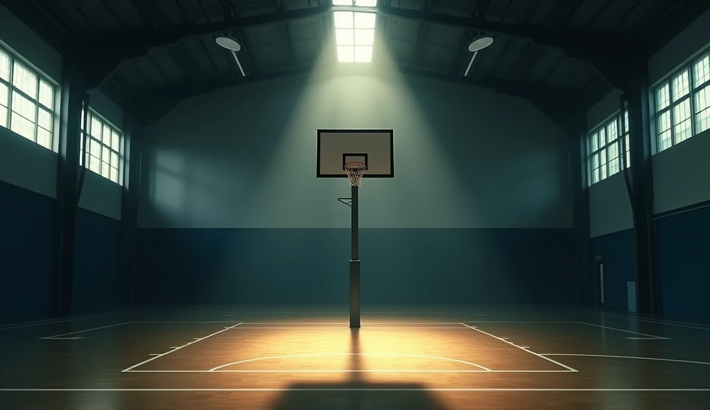 The school&#39;s large, dimly lit gymnasium with a basket。Camera is looking at a basketball goal。In the style of Makoto Shinkai。