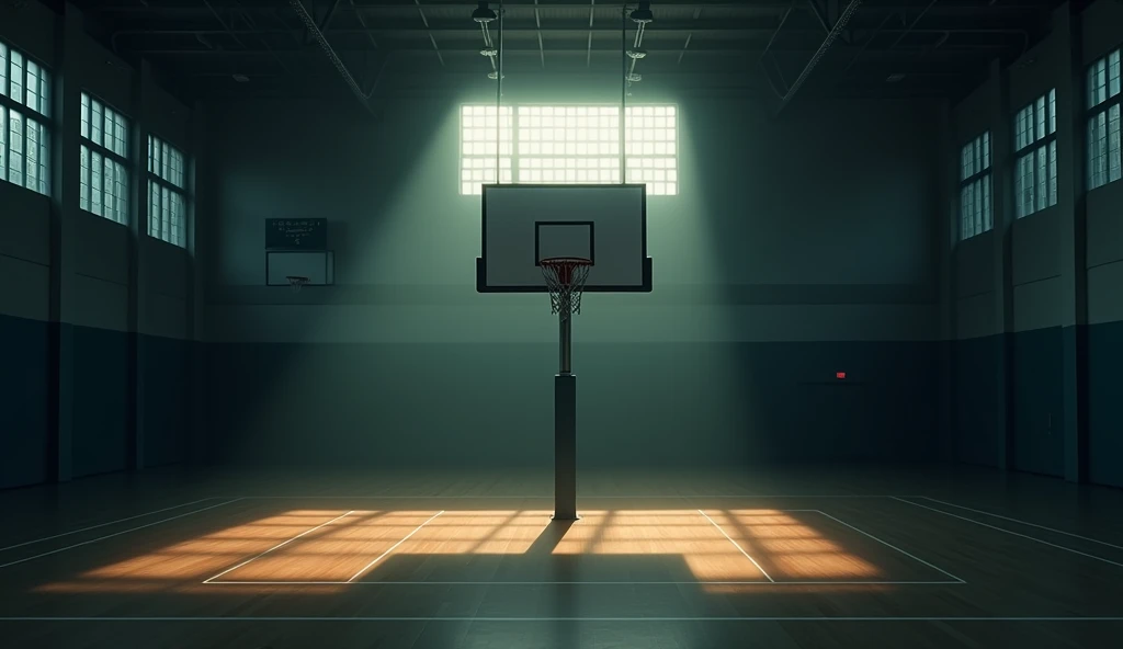 The school's large, dimly lit gymnasium with a basket。Camera is looking at a basketball goal。In the style of Makoto Shinkai。