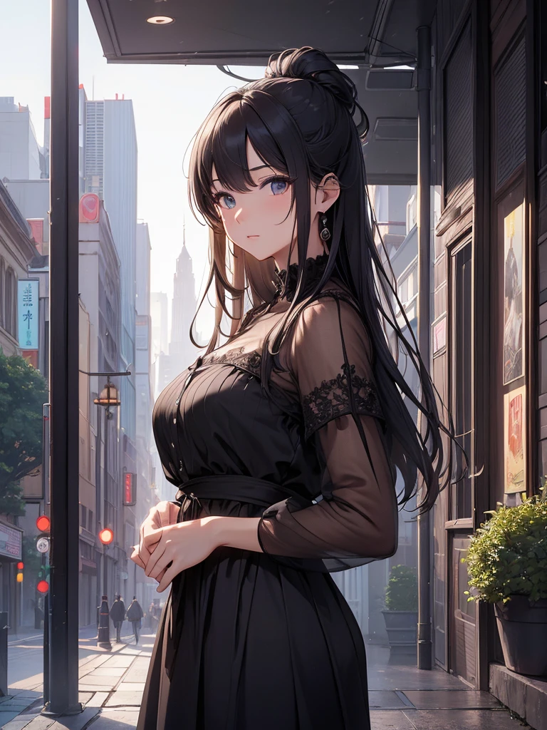 ((masterpiece)), ((high resolution)), ((best quality)), (ultra-detailed), ((extremely detailed)),A city in the near future、Inside the Buildings、night、Stand、She has a fleeting expression.、