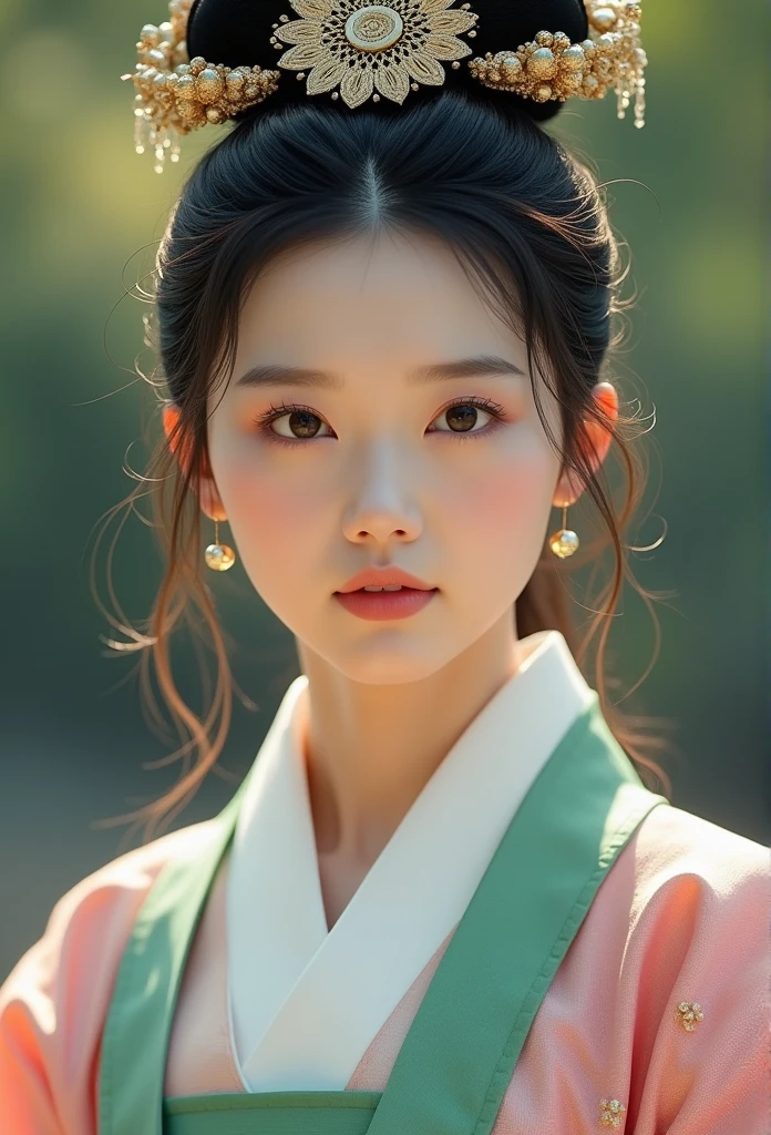 Beautiful girl in traditional hanbok, (Empress of Joseon Dynasty_gorgeous, elegant, aura, intricate and delicate details), perfect face with detailed details, gorgeous hair decoration, (fluorescent hanbok_pink top, fluffy green skirt, embroidery points, delicate details), Korean beauty, close-up angle, amazing, attractive, pure, blurry natural outdoor background, 8k, best quality, highly detailed and realistic, cinematic,