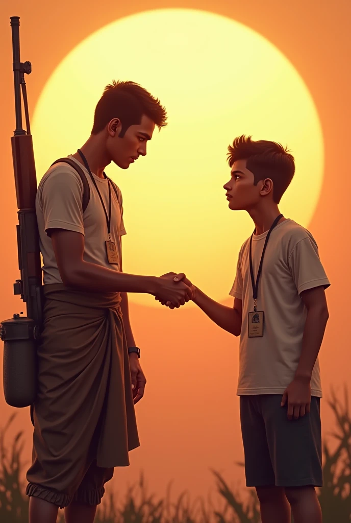 A bangali freedom fighter wearing a lungi and a white tshirt with a rifle on his back shaking hand with a student of same height with a id card on his neck and a half sun is raising behind them and the sun is covering both of them in the background