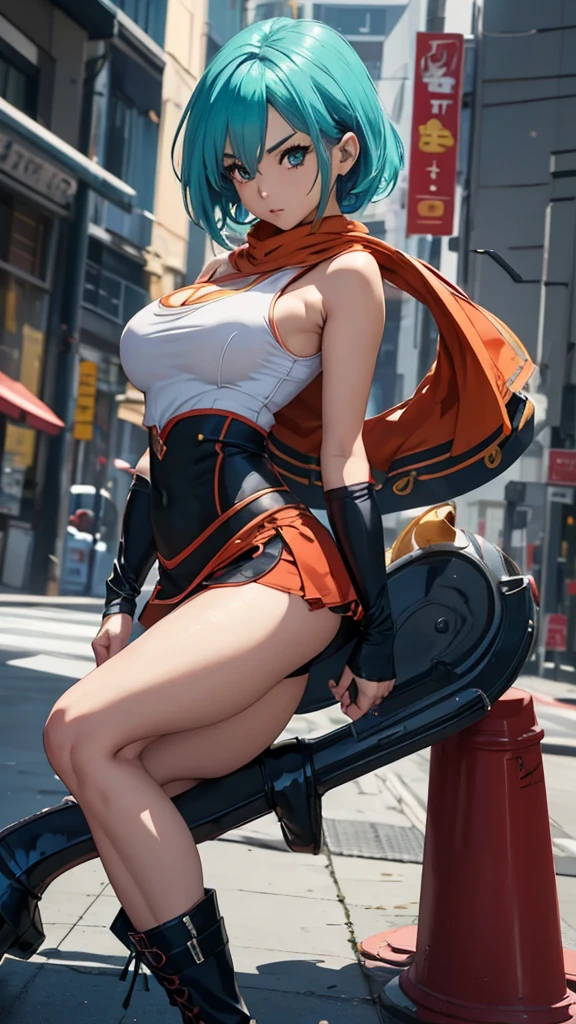 masterpiece, best quality, highres, dragonball, blmmid, aqua Hair, medium hair, with short skirt and boots, hyperrealism, ((desde atras)), ((gluteos redondos levantados medianos)), seductive cosplayer, girl, anime girl in real life , chica sexy, attractive body