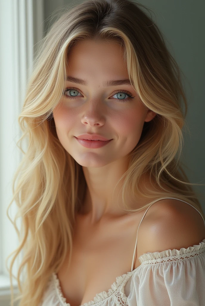 with blonde hair blue eyes and small face with asmile